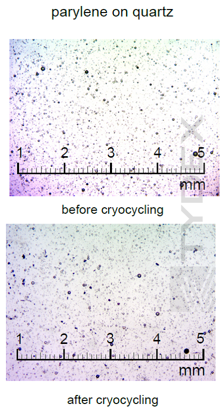 Поверхность двусторонне покрытого окна из кристаллического кварца до и после термоциклирования.